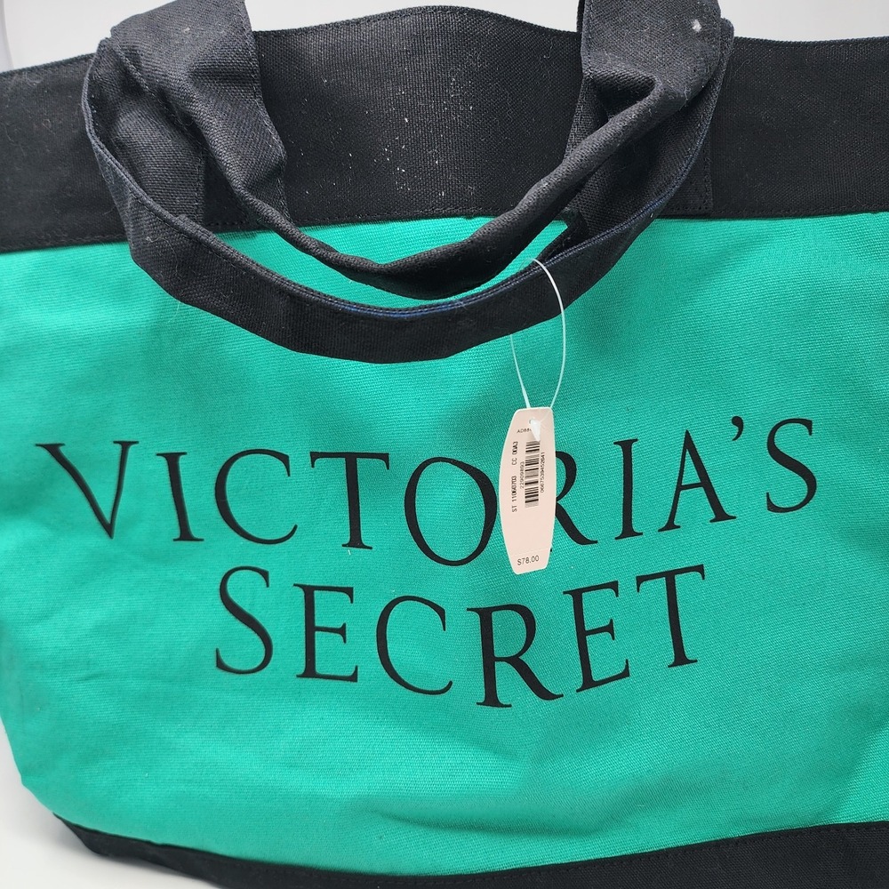 Victoria's Secret Tote Bag Women Large Teal Blue Black Canvas Logo Colorblock - Picture 2 of 8